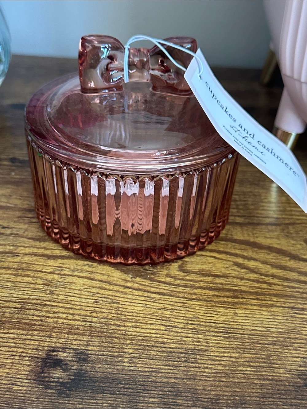 cupcakes & cashmere Pink Ribbed Glass Trinket Jar with Bow Lid